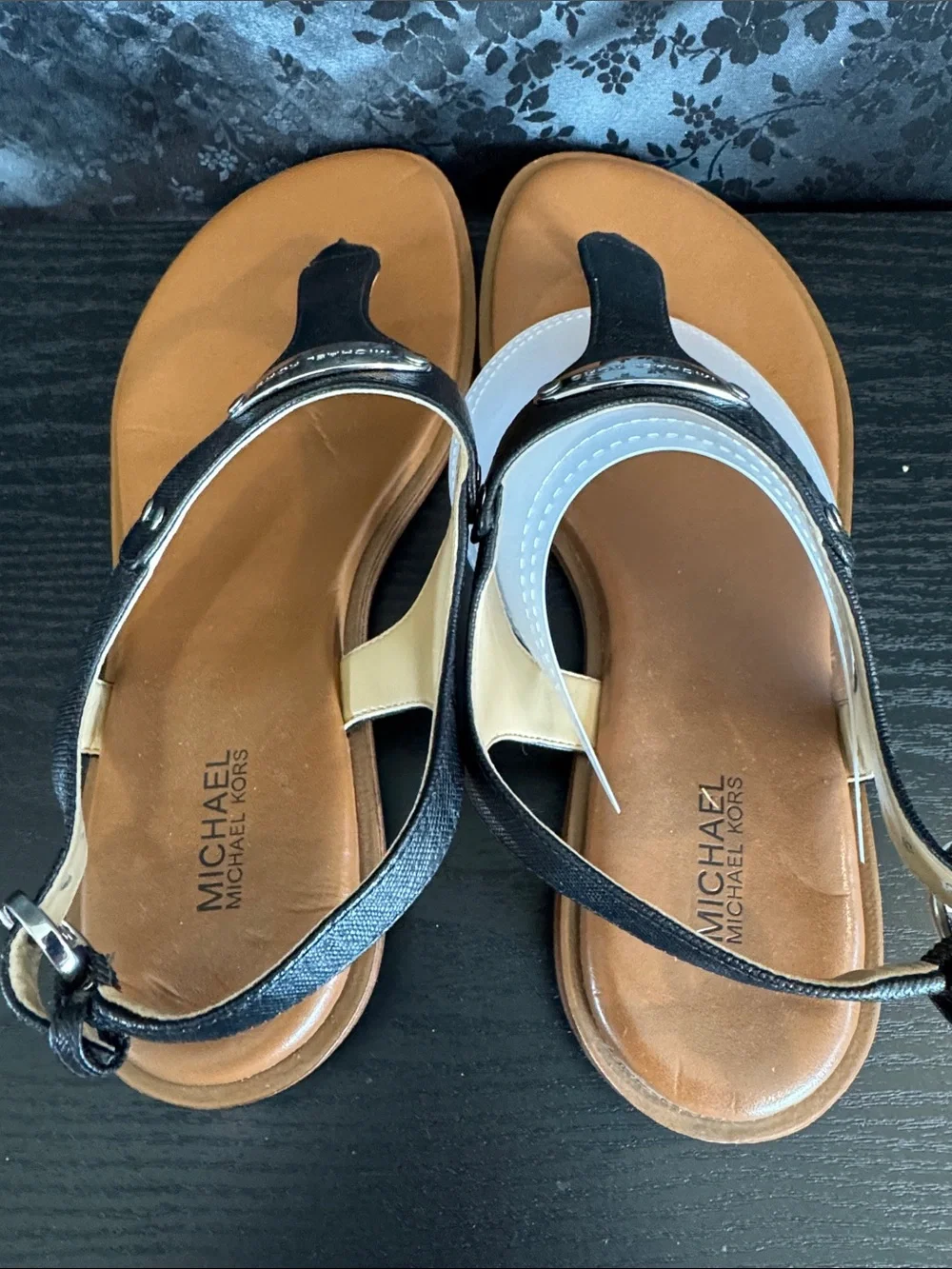 Michael Kors Black and White T-Strap Leather Sandals